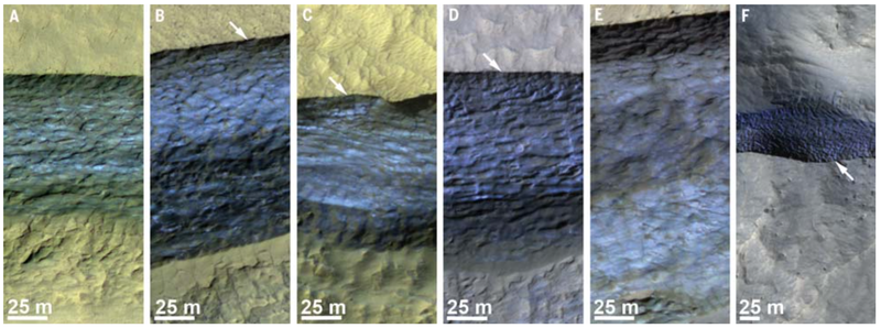 Color-enhanced images of icy scarps, or cliffs, in late spring through to early summer. (Image: NASA/MRO/C. M. Dundas et al., 2018)